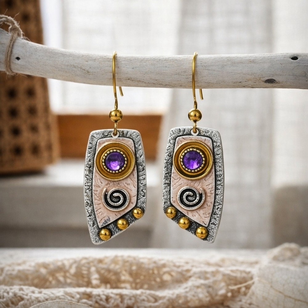 Silver Plated Mixed Metal Whimsigoth Spiral Drop Earrings Purple Gem Boho NWT